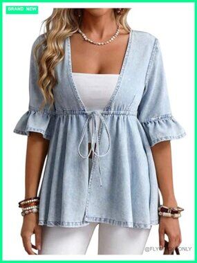 Plus Size Peplum Denim Jacket Tie Front Deep V Neck Half Sleeve Ruffle